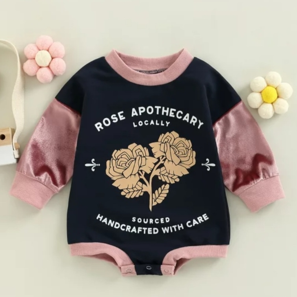 Rose Apothecary Baby Girl Romper Schitt’s Creek Inspired Velvet Sleeve Floral